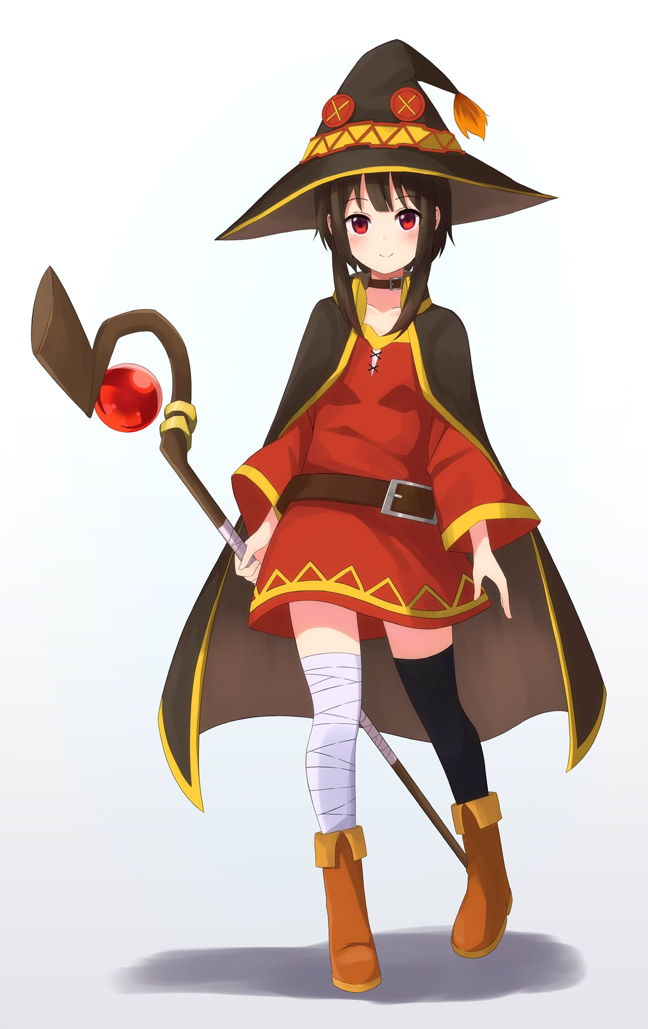 1girl bandaged_leg bandages belt black_hair black_legwear blush breasts cape dress fingerless_gloves gloves hat highres kono_subarashii_sekai_ni_shukufuku_wo! looking_at_viewer megumin open_mouth red_dress red_eyes short_hair single_thighhigh smile solo staff thigh-highs witch_hat