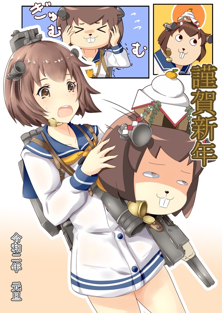 1girl brown_eyes brown_hair buck_teeth commentary_request cowboy_shot dress gradient gradient_background gudon_(iukhzl) headgear headset kagami_mochi kantai_collection mascot_head neckerchief new_year open_mouth removing_headwear sailor_dress short_hair solo speaking_tube_headset upper_teeth yukikaze_(kantai_collection)