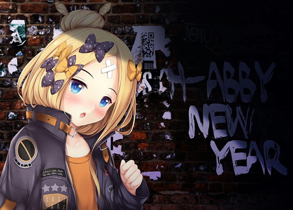 1girl :o abigail_williams_(fate/grand_order) bangs black_bow black_jacket blonde_hair blue_eyes blush bow collarbone commentary_request euforia fate/grand_order fate_(series) hair_bow hair_bun happy_new_year jacket long_hair long_sleeves looking_at_viewer new_year orange_bow orange_shirt parted_bangs polka_dot polka_dot_bow shirt solo