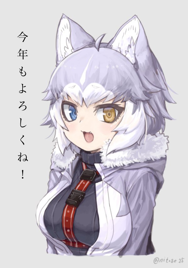 1girl :3 adapted_costume animal_ears black_sweater blue_eyes coat dog_(mixed_breed)_(kemono_friends) dog_ears dog_girl eyebrows_visible_through_hair fang fur_trim grey_coat grey_hair harness heterochromia hood hood_down hooded_jacket jacket kemono_friends multicolored multicolored_clothes multicolored_hair new_year nyifu open_mouth short_hair solo sweater translated turtleneck upper_body white_coat white_hair winter_clothes yellow_eyes