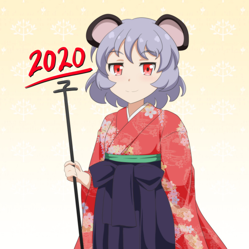 1girl 2020 alternate_costume animal_ears arm_up cato_(monocatienus) commentary_request cowboy_shot dowsing_rod eyebrows_visible_through_hair floral_print gradient gradient_background grey_hair hakama_skirt holding_rod japanese_clothes kimono mouse_ears nazrin new_year patterned_background red_eyes red_kimono short_hair smile solo standing touhou yellow_background