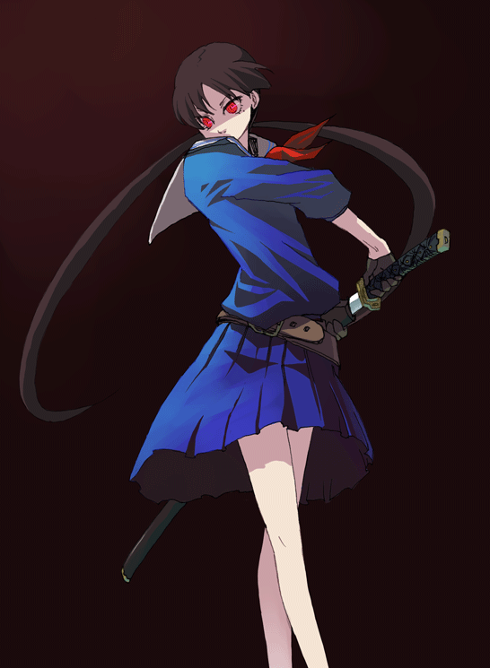 black_hair katana oneechanbara red_eyes saki saki_(oneechanbara) school_uniform serafuku skirt sword twintails weapon