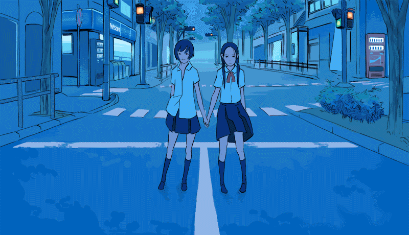 hand_holding holding_hands legs night original purimari skirt socks street traffic_light traffic_lights