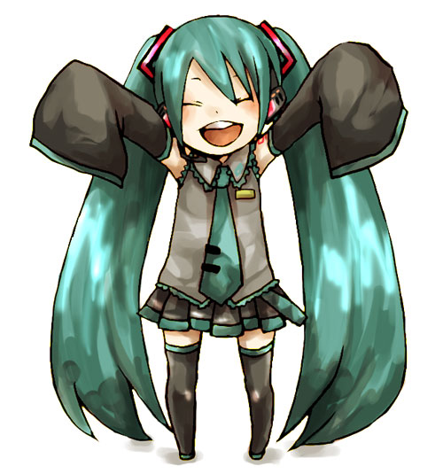 buzz chibi closed_eyes detached_sleeves happy hatsune_miku long_hair necktie oversized_clothes thigh-highs thighhighs twintails vocaloid young