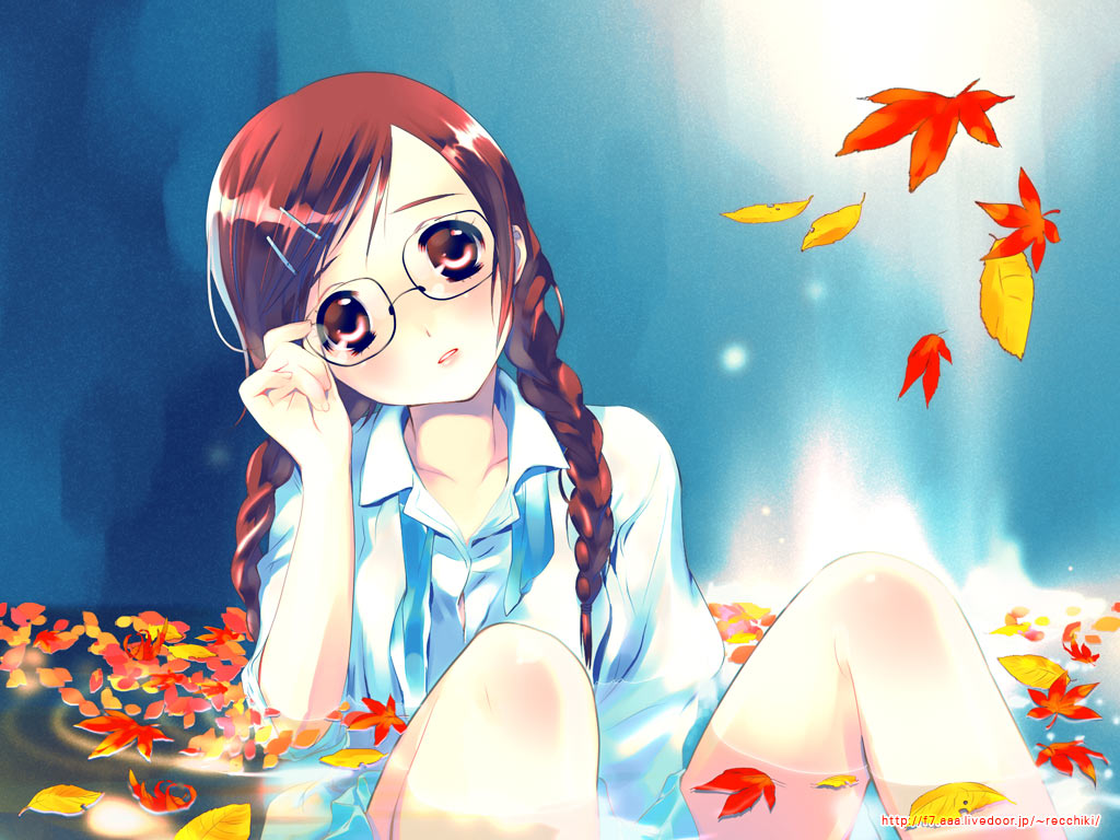 autumn_leaves braid glasses hair_ornament hairclip leaf leaves original twin_braids