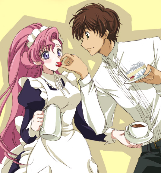 brown_hair butler cake code_geass enmaided euphemia_li_britannia feeding food fruit green_eyes kurimomo kururugi_suzaku long_hair maid pastry pink_hair ponytail purple_eyes strawberry tea violet_eyes