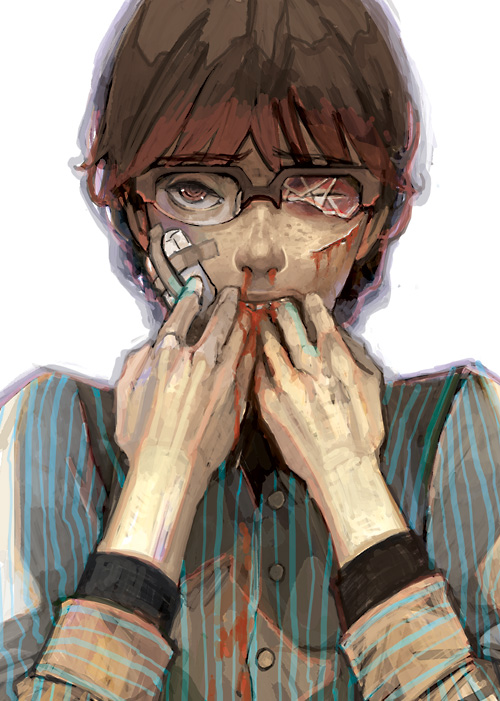 bandage blood blood_on_face glasses wada_aruko