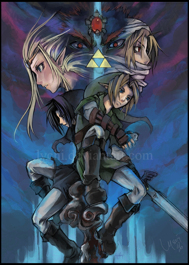 blonde_hair blue_eyes dark_link ganondorf link lychi master_sword nintendo ocarina_of_time pointy_ears princess_zelda red_eyes reverse_trap sheik sword the_legend_of_zelda watermark weapon