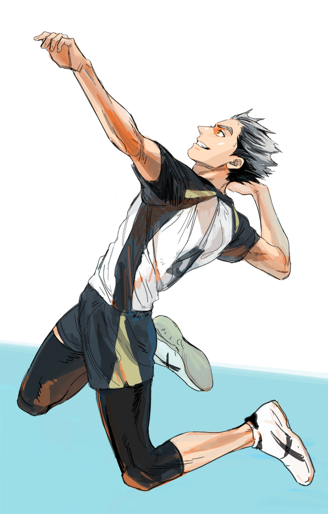 1boy airsthiner arm_up black_hair black_legwear blue_background bokuto_koutarou full_body grey_hair haikyuu!! jumping knee_pads looking_to_the_side looking_up male_focus midair multicolored multicolored_background multicolored_hair number shirt short_hair short_sleeves shorts simple_background solo sportswear t-shirt teeth two-tone_hair volleyball_uniform white_background white_footwear