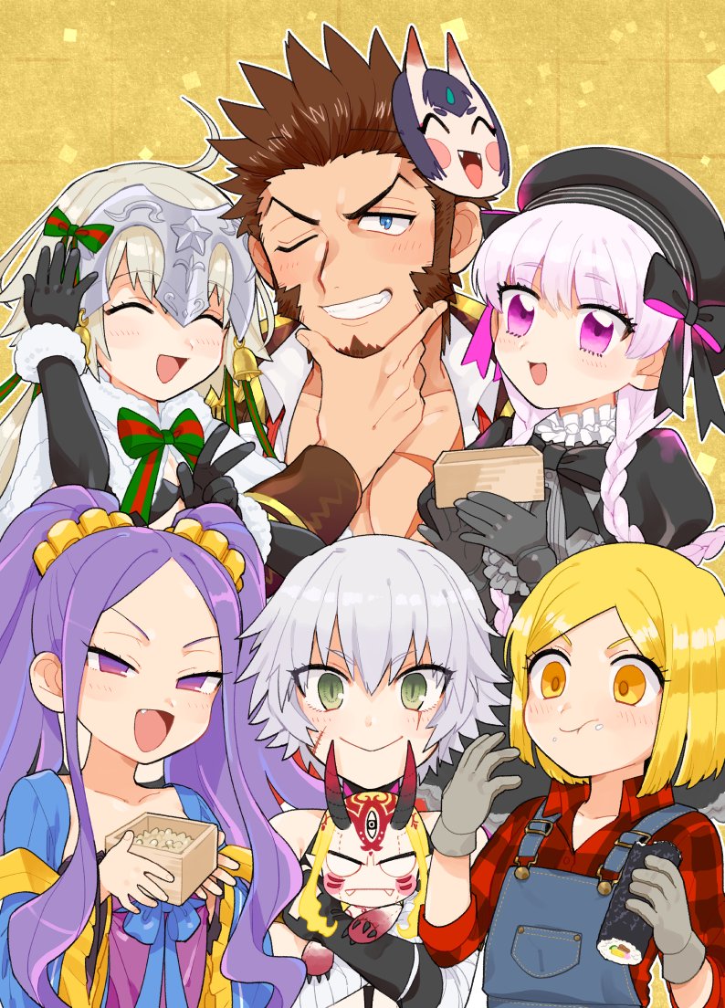 1boy 5girls beard blonde_hair blue_eyes blush brown_hair chest epaulettes facial_hair fate/grand_order fate_(series) ibaraki_douji_(fate/grand_order) jack_the_ripper_(fate/apocrypha) jeanne_d'arc_(fate)_(all) jeanne_d'arc_alter_santa_lily long_sleeves looking_at_viewer multiple_girls napoleon_bonaparte_(fate/grand_order) nursery_rhyme_(fate/extra) pants paul_bunyan_(fate/grand_order) pectorals purple_hair scar shitappa simple_background smile violet_eyes white_hair wu_zetian_(fate/grand_order)