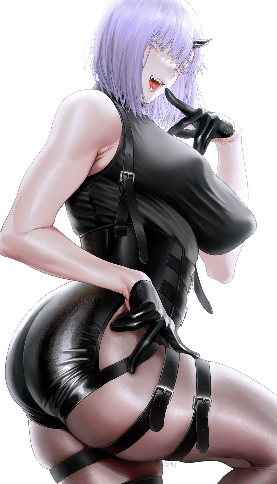 1girl armpit_peek ass breasts covered_nipples elliot_(zkstxxx) gloves highres horns large_breasts leather_skirt open_mouth original pantyhose purple_hair sharp_teeth short_hair single_horn sleeveless solo teeth thigh_strap tight_top violet_eyes white_background zkstxxx