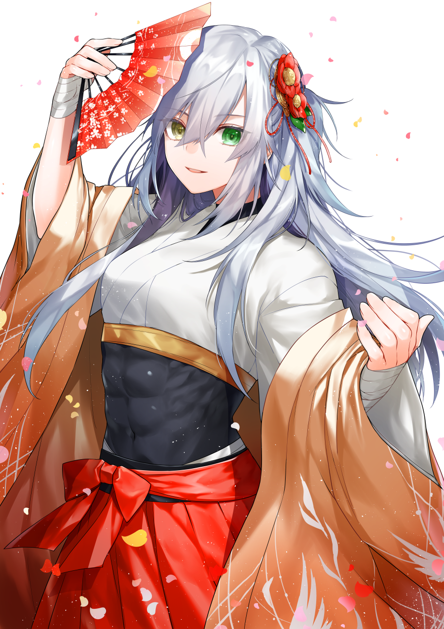 1girl abs arm_up bandages breasts commentary_request covered_navel cowboy_shot eyebrows_visible_through_hair eyes_visible_through_hair fan flower_ornament green_eyes hair_between_eyes hair_ornament hakama hand_up heterochromia highres japanese_clothes long_hair looking_at_viewer messy_hair muscle muscular_female new_year open_mouth original petals ribs shiny shiny_hair shiny_skin sidelocks silver_hair skin_tight small_breasts smile solo waka_(shark_waka) wide_sleeves yellow_eyes
