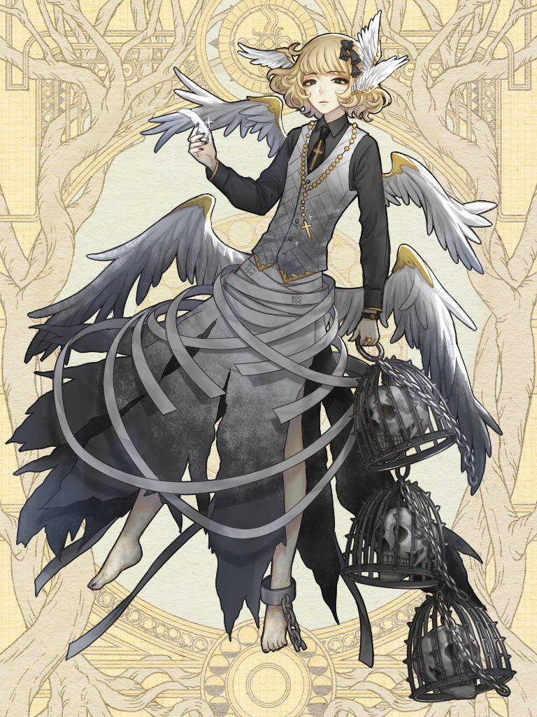 androgynous barefoot blonde_hair cage chain cross cross_necklace dairoku_youhei feathered_wings full_body hair_wings holding_feather jewelry long_sleeves looking_at_viewer mugu1 necklace official_art ring simple_background skull standing vest white_feathers white_wings wings