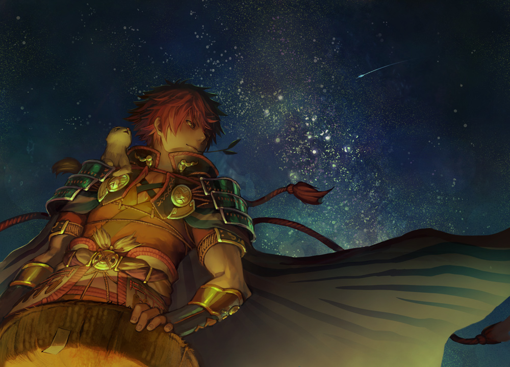 1boy animal animal_on_shoulder armor aruk cape closed_mouth comet fuurai_no_shiren green_cape hat holding holding_hat leaf male_focus orange_eyes outdoors pauldrons redhead sky smile solo star_(sky) starry_sky vambraces