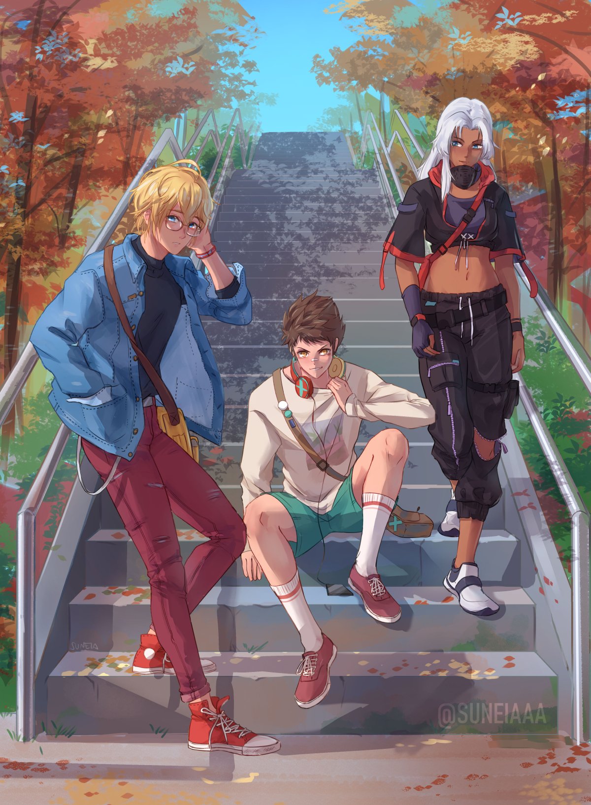 1girl 2boys autumn_leaves bag bandage_on_face black_jacket black_shirt blonde_hair blue_eyes blue_jacket brown_hair casual crop_top cropped_jacket dark_skin elma_(xenoblade_x) glasses green_shorts hand_in_pocket highres jacket leaning_on_rail long_sleeves midriff multiple_boys navel outdoors over_shoulder pants plant red_footwear red_pants rex_(xenoblade_2) shirt shoes shorts shulk sitting sky sneakers suneiaaa watermark white_hair white_legwear white_shirt xenoblade_(series) xenoblade_1 xenoblade_2 xenoblade_chronicles_x