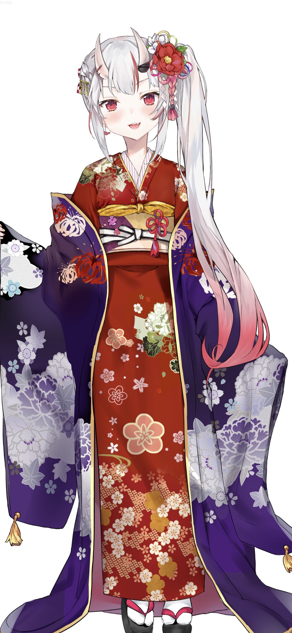 1girl bangs blush earrings fang floral_print flower furisode geta gradient_hair hair_flower hair_ornament haori highres hololive horn_ribbon japanese_clothes jewelry kimono long_hair long_sleeves looking_at_viewer multicolored_hair nakiri_ayame nanakagura new_year obi official_alternate_costume oni oni_horns open_mouth pink_hair red_eyes red_flower red_kimono redhead ribbon sash silver_hair skin-covered_horns smile solo streaked_hair tabi very_long_hair virtual_youtuber wide_sleeves