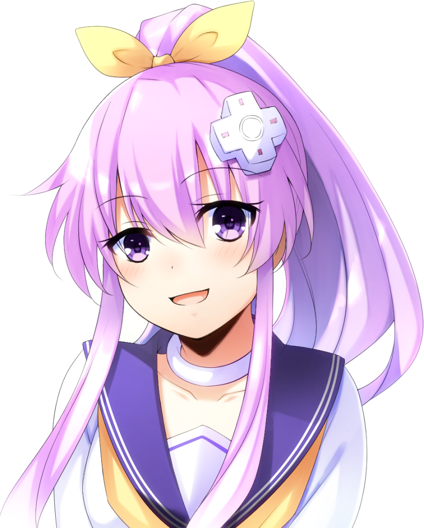1girl :d bangs blush bow collarbone commentary_request d-pad d-pad_hair_ornament doria_(5073726) eyebrows_visible_through_hair hair_between_eyes hair_bow hair_ornament long_hair looking_at_viewer neckerchief nepgear neptune_(series) open_mouth ponytail purple_hair sailor_collar sidelocks simple_background smile solo upper_body violet_eyes white_background white_serafuku yellow_bow yellow_neckwear