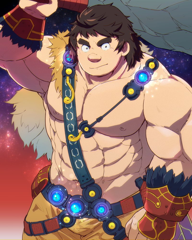 1boy abs bara belt brown_hair chest fate/grand_order fate_(series) gloves looking_at_viewer male_focus muscle navel nipples orion_(super_archer)_(fate) pants pectorals simple_background solo thick_eyebrows upper_body weapon yakiniku0141