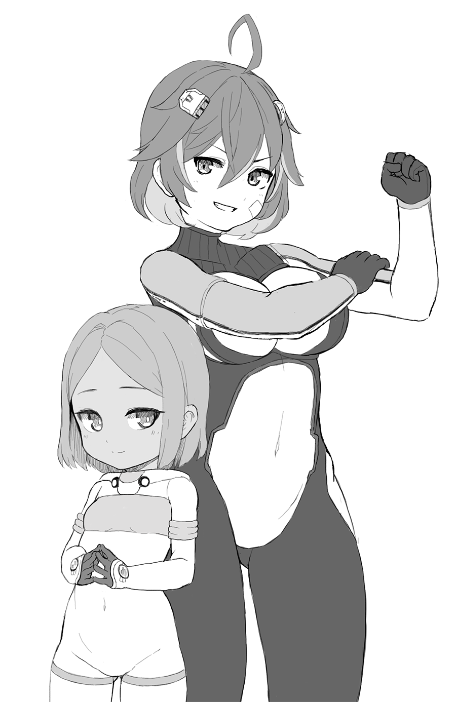 2girls age_difference ahoge bodysuit breasts coco_mercury dark_skin flat_chest greyscale grin hair_between_eyes height_difference highres large_breasts last_origin looking_at_viewer monochrome multiple_girls short_hair simple_background sizeaton smile spartoia white_background