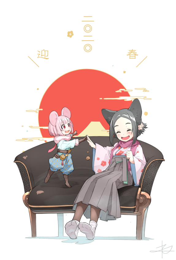 2girls :d ^_^ animal_ears bangs black_hair blue_pants blue_shirt blunt_bangs blush bob_cut boots brown_footwear brown_gloves brown_legwear chinese_zodiac closed_eyes commentary_request couch floral_print forehead gloves grey_hakama hakama japanese_clothes kimono knee_boots long_sleeves minigirl mouse_ears multiple_girls nengajou new_year on_couch open_mouth original pants pantyhose parted_bangs pink_hair pink_kimono print_kimono puffy_pants red_eyes shirt signature sitting smile socks socks_over_pantyhose standing standing_on_one_leg tabi white_background white_legwear wide_sleeves year_of_the_rat yunar