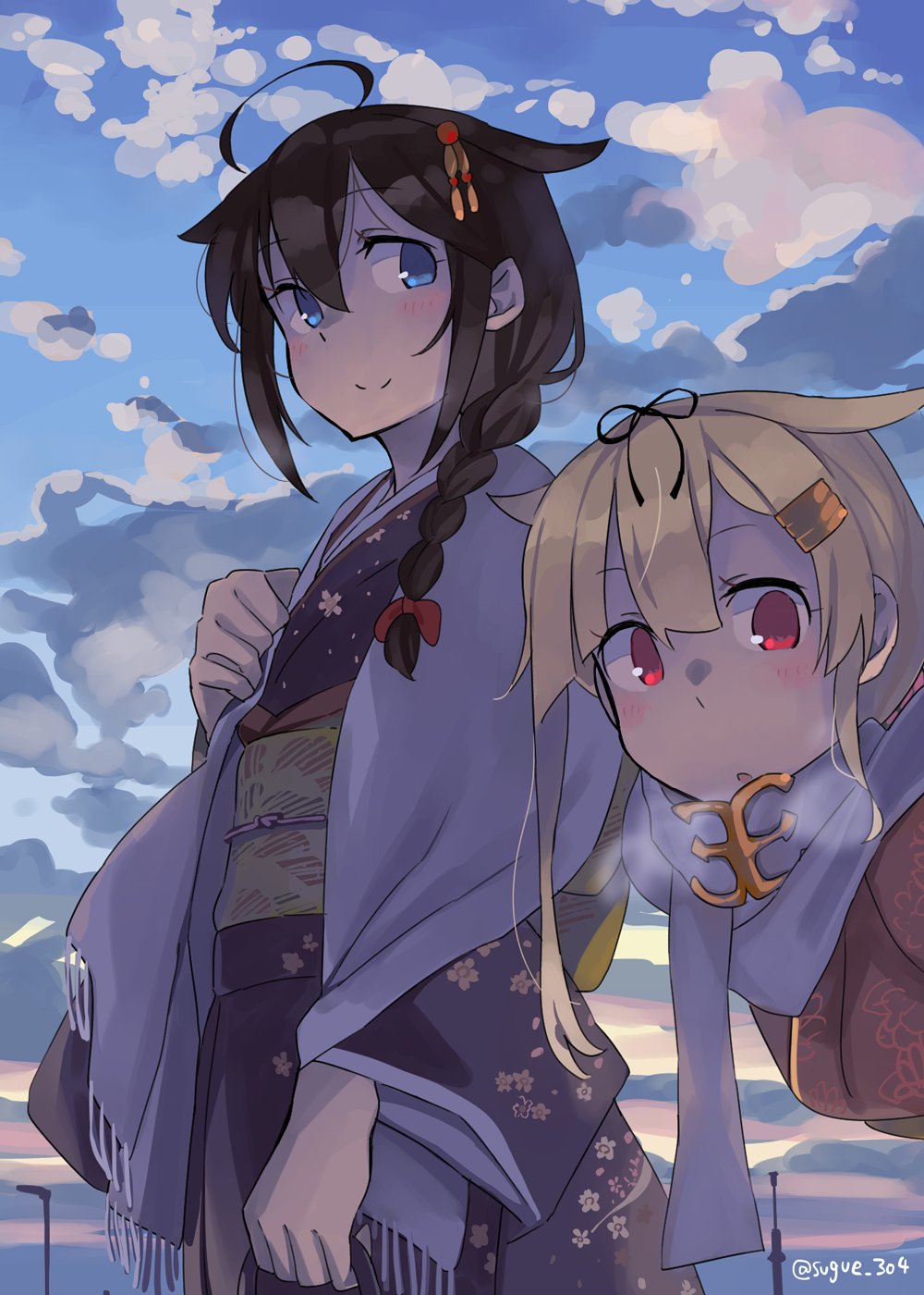 2girls ahoge alternate_costume bangs blonde_hair blue_eyes blush braid breath brown_hair clouds floral_print hair_flaps hair_ornament hair_ribbon hairclip highres japanese_clothes kantai_collection kimono long_hair long_sleeves multiple_girls obi open_mouth outdoors red_eyes remodel_(kantai_collection) ribbon sash scarf shigure_(kantai_collection) single_braid sky smile sugue_tettou twitter_username white_scarf wide_sleeves yuudachi_(kantai_collection)