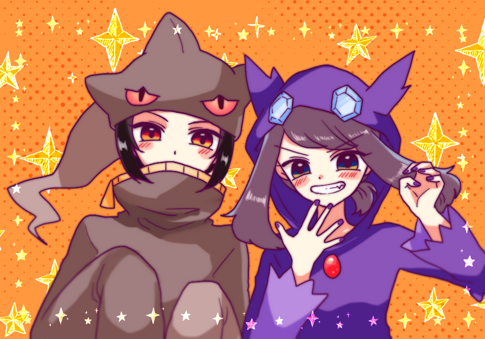 banette banette_(cosplay) bangs black_hair blue_eyes bow brown_hair cosplay covered_mouth fang fingernails flat_chest gen_3_pokemon grin hibikileon long_sleeves looking_at_viewer medium_hair odamaki_sapphire orange_background pokemon pokemon_special polka_dot polka_dot_bow purple_nails red_eyes ruby_(pokemon) sableye sableye_(cosplay) sleeves_past_wrists smile star starry_background tied_hair twintails upper_body