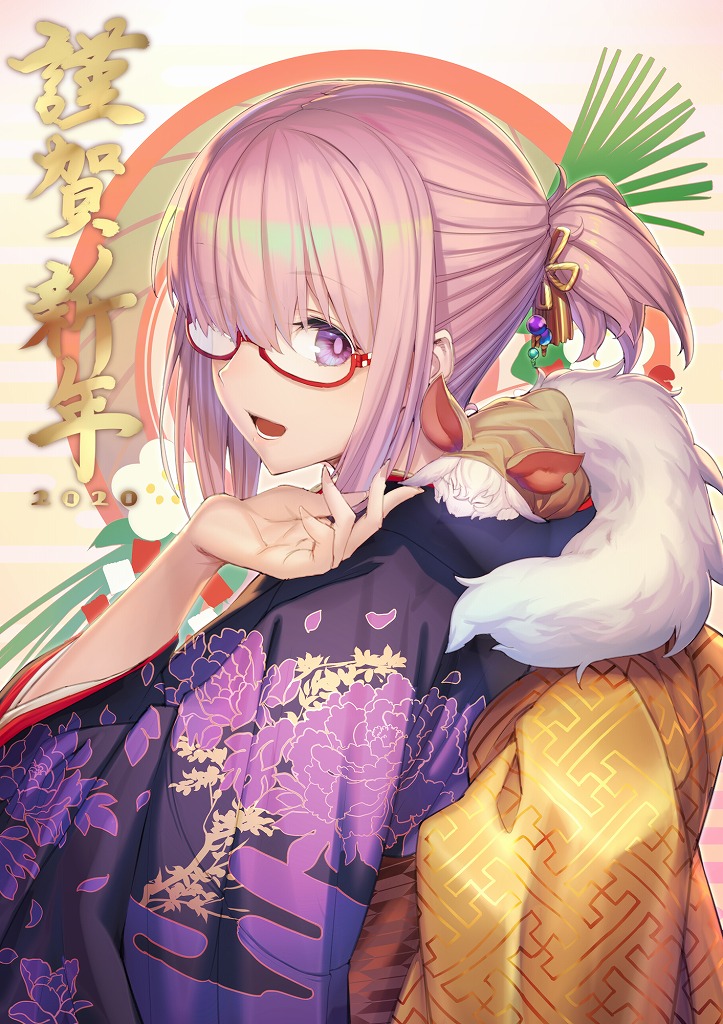 1girl 2020 alternate_costume bangs blush commentary_request eyebrows_visible_through_hair fate/grand_order fate_(series) fou_(fate/grand_order) glasses hair_ornament hair_over_one_eye japanese_clothes kimono looking_at_viewer mash_kyrielight open_mouth ponytail purple_kimono short_hair smile solo tef translation_request violet_eyes