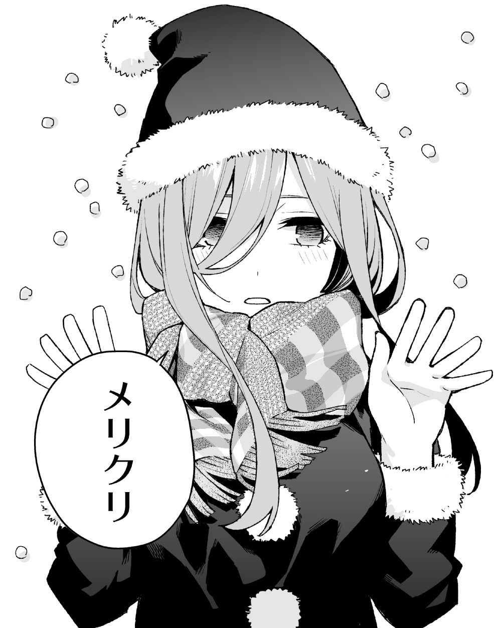 1girl bangs blush breasts dress eyebrows_behind_hair fringe_trim fur-trimmed_hat fur-trimmed_sleeves fur_trim go-toubun_no_hanayome greyscale hair_between_eyes hands_up hat highres kujou_karasuma long_sleeves looking_at_viewer medium_breasts monochrome nakano_miku parted_lips santa_costume santa_hat scarf simple_background snowing solo translation_request upper_body white_background