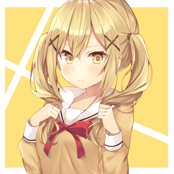 1girl bang_dream! blonde_hair blush bow bowtie clenched_hands closed_mouth commentary_request hair_ornament hanasakigawa_school_uniform hands_up holding holding_hair ichigaya_arisa komomo_(ptkrx) long_sleeves looking_at_viewer red_neckwear sailor_collar school_uniform serafuku sidelocks simple_background solo twintails upper_body white_sailor_collar x_hair_ornament yellow_background yellow_eyes