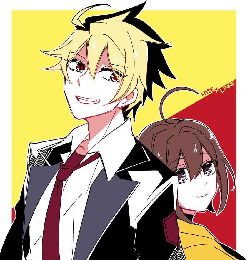 1boy 1girl ahoge black_hair blonde_hair brown_hair happy height_difference hood hoodie huge_ahoge hyde_(under_night_in-birth) jacket linne looking_at_another looking_back multicolored_hair necktie red_eyes s2cikn_(yuzu) school_uniform shirt short_hair smile two-tone_hair under_night_in-birth violet_eyes yellow_hoodie