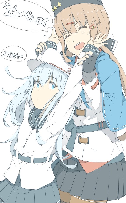 2girls arms_up bangs black_gloves black_headwear black_skirt blue_eyes blue_shawl brown_hair closed_eyes eyebrows_visible_through_hair fingerless_gloves flat_cap gloves grey_skirt hair_ornament hairclip hammer_and_sickle hat hibiki_(kantai_collection) kantai_collection long_hair long_sleeves low_twintails multiple_girls ninimo_nimo open_mouth papakha pleated_skirt sailor_collar scarf school_uniform shawl silver_hair simple_background skirt star tashkent_(kantai_collection) twintails verniy_(kantai_collection) white_background white_headwear white_scarf