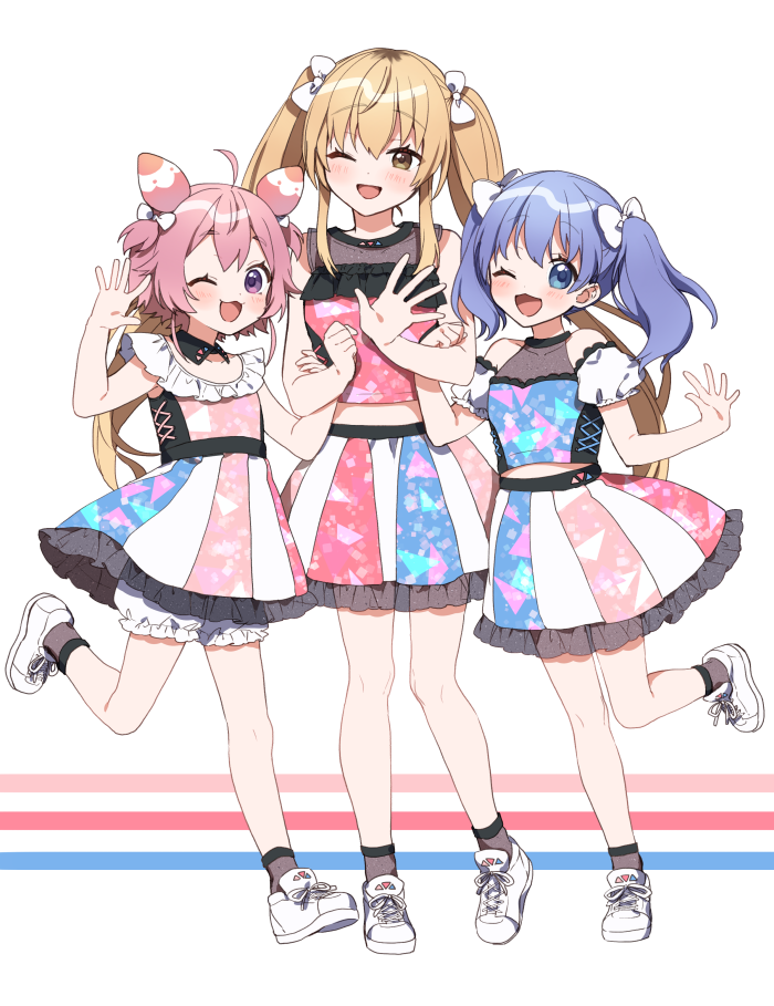 3girls ;d ahoge bangs bare_arms bare_shoulders blue_eyes blue_hair blue_shirt blush bow brown_eyes brown_legwear crop_top detached_sleeves eyebrows_visible_through_hair frilled_skirt frills hair_between_eyes hair_bow ienaga_mugi light_brown_hair long_hair multicolored multicolored_clothes multicolored_skirt multiple_girls nijisanji one_eye_closed open_mouth pink_shirt puffy_short_sleeves puffy_sleeves shirt shoes short_sleeves sidelocks skirt sleeveless sleeveless_shirt smile socks standing standing_on_one_leg twintails two_side_up ushimi_ichigo very_long_hair violet_eyes virtual_youtuber white_bow white_footwear white_sleeves yamabukiiro yuuki_chihiro