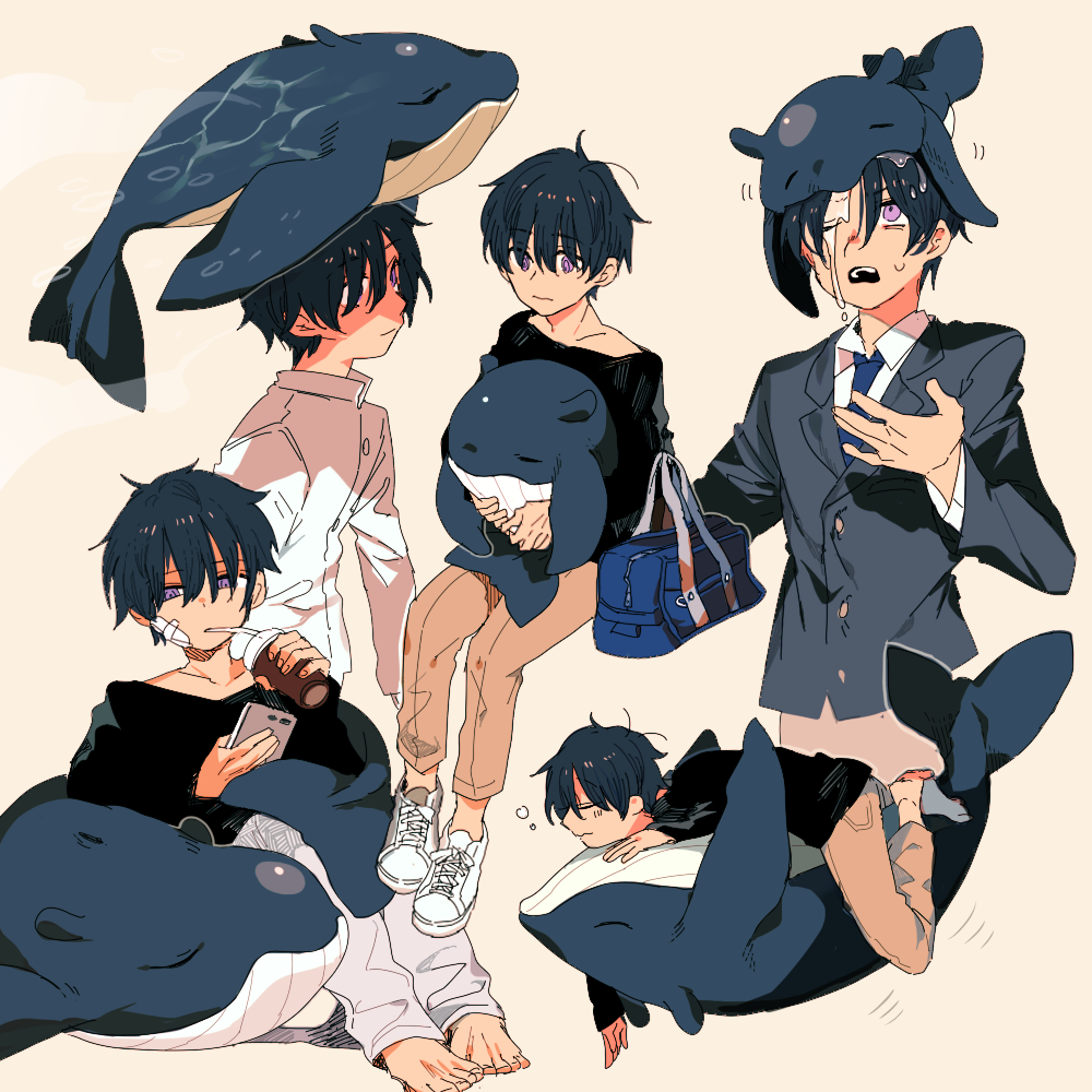 1boy animal blue_hair cellphone creature cup drink jacket newo_(shinra-p) original phone shirt shoes short_hair smartphone violet_eyes whale