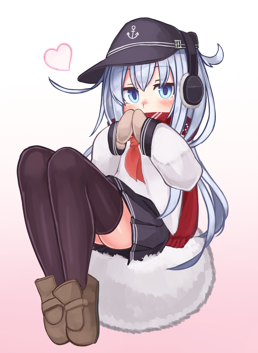 1girl anchor anchor_symbol bangs black_legwear black_skirt blue_eyes blush brown_footwear earmuffs eyebrows_visible_through_hair flat_cap full_body hat heart hibiki_(kantai_collection) highres kantai_collection long_hair long_sleeves mittens pleated_skirt red_neckwear red_scarf reitou_mikan sailor_collar scarf school_uniform serafuku silver_hair simple_background sitting skirt solo thigh-highs