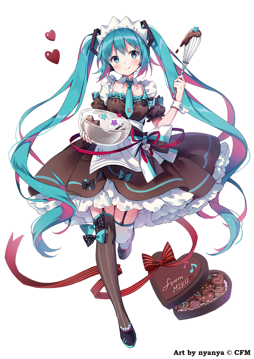1girl :q apron black_footwear blue_eyes blue_hair blue_neckwear bowl box breasts brown_dress brown_legwear brown_sleeves character_name chocolate closed_mouth commentary detached_sleeves dress full_body garter_straps gift gift_box gradient_hair hair_ornament hatsune_miku heart heart-shaped_box highres holding holding_bowl long_hair maid_headdress mismatched_legwear mixing_bowl multicolored_hair necktie nyanya pink_hair puffy_short_sleeves puffy_sleeves shoes short_sleeves simple_background small_breasts smile solo standing standing_on_one_leg star strapless strapless_dress striped striped_legwear thigh-highs tongue tongue_out twintails vertical-striped_legwear vertical_stripes very_long_hair vocaloid waist_apron watermark whisk white_apron white_background white_legwear wrist_cuffs