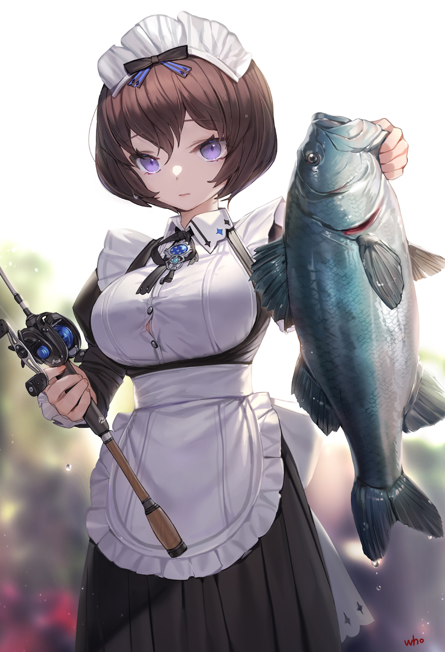 1girl apron bangs black_bow black_dress black_ribbon blurry blurry_background bow breasts brooch brown_hair bursting_breasts closed_mouth cowboy_shot dress dripping fingernails fish fishing_rod frilled_apron frills hair_between_eyes hair_bow highres holding jewelry juliet_sleeves large_breasts long_sleeves looking_at_viewer maid maid_headdress neck_ribbon original puffy_sleeves ribbon short_hair solo violet_eyes waist_apron white_background whoisshe