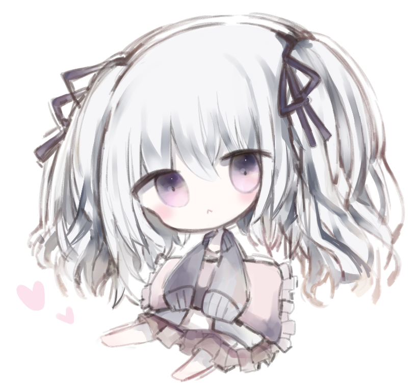 1girl :&lt; bangs barefoot black_jacket black_ribbon brown_skirt chibi closed_mouth commentary_request cottontailtokki eyebrows_visible_through_hair frilled_pillow frills full_body granblue_fantasy hair_between_eyes hair_ribbon heart jacket long_hair long_sleeves open_clothes open_jacket orchis pillow pleated_skirt ribbon silver_hair simple_background sitting skirt sleeves_past_fingers sleeves_past_wrists solo two_side_up violet_eyes white_background