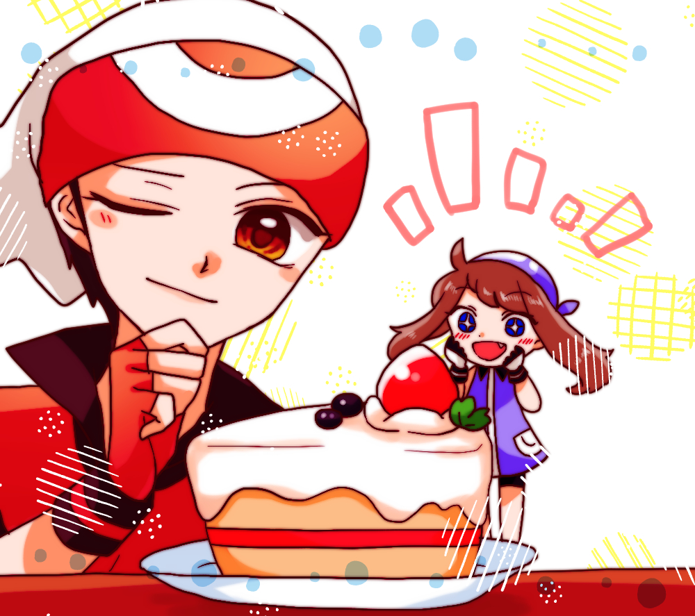 1boy 1girl :d black_hair blue_bandana blue_eyes blush brown_eyes brown_hair cake fang food fruit gloves haruka_(pokemon) hat hibikileon long_hair minigirl open_mouth plate pokemon pokemon_special smile strawberry twintails white_background white_headwear yuuki_(pokemon)