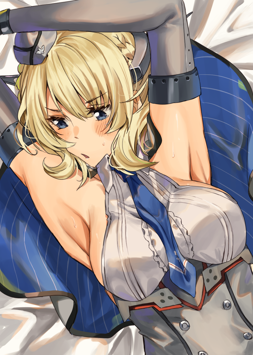 1girl amakaze armpits arms_up bed_sheet between_breasts blonde_hair blue_eyes blue_neckwear blush braid breasts cape colorado_(kantai_collection) corset dress elbow_gloves french_braid gloves grey_dress grey_gloves grey_headwear highres kantai_collection looking_to_the_side lying medium_breasts necktie necktie_between_breasts on_back on_bed open_mouth short_hair sideboob solo