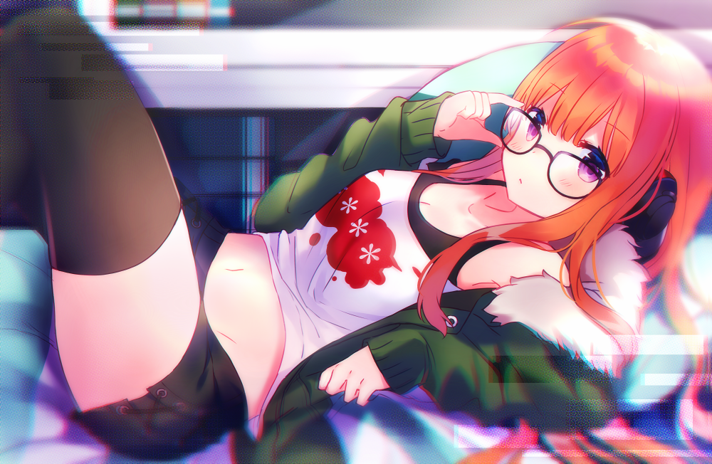 1girl bare_shoulders black-framed_eyewear black_shorts brown_legwear fur_trim glasses green_jacket hand_on_eyewear headphones jacket long_hair long_sleeves looking_at_viewer lying midriff on_back open_clothes open_jacket orange_hair persona persona_5 sakura_futaba shirt short_shorts shorts shouu-kun sleeveless sleeveless_shirt solo thigh-highs violet_eyes white_shirt