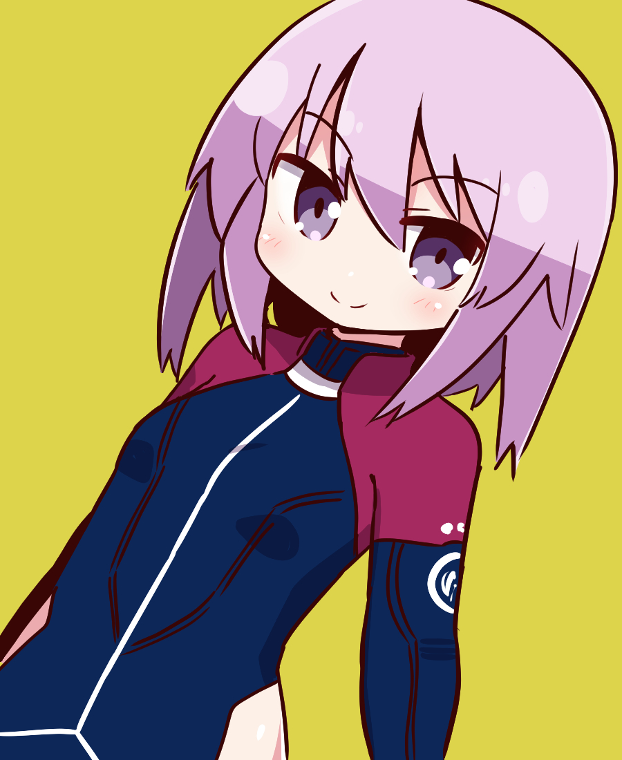 1girl alice_gear_aegis bangs blue_bodysuit blush bodysuit breasts closed_mouth dutch_angle eyebrows_visible_through_hair hair_between_eyes hirasaka_yotsuyu long_hair looking_at_viewer naga_u purple_hair simple_background small_breasts smile solo upper_body violet_eyes yellow_background