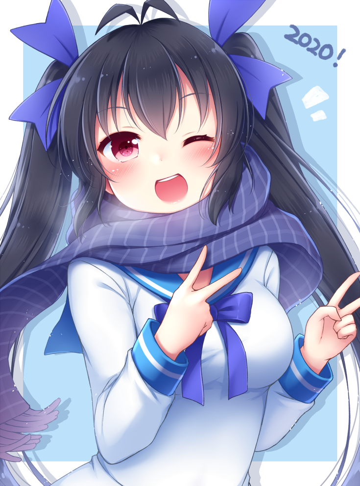 /\/\/\ 1girl 2020 ;d antenna_hair bangs blue_background blue_ribbon blue_sailor_collar blue_scarf blush breasts breath chunithm commentary_request double_v eyebrows_visible_through_hair fringe_trim hair_ribbon hakobe_naru large_breasts long_hair long_sleeves looking_at_viewer medium_breasts one_eye_closed open_mouth pink_eyes ribbon sailor_collar sanotsuki scarf school_uniform serafuku shirt smile solo striped striped_scarf twintails two-tone_background upper_body upper_teeth v very_long_hair white_shirt