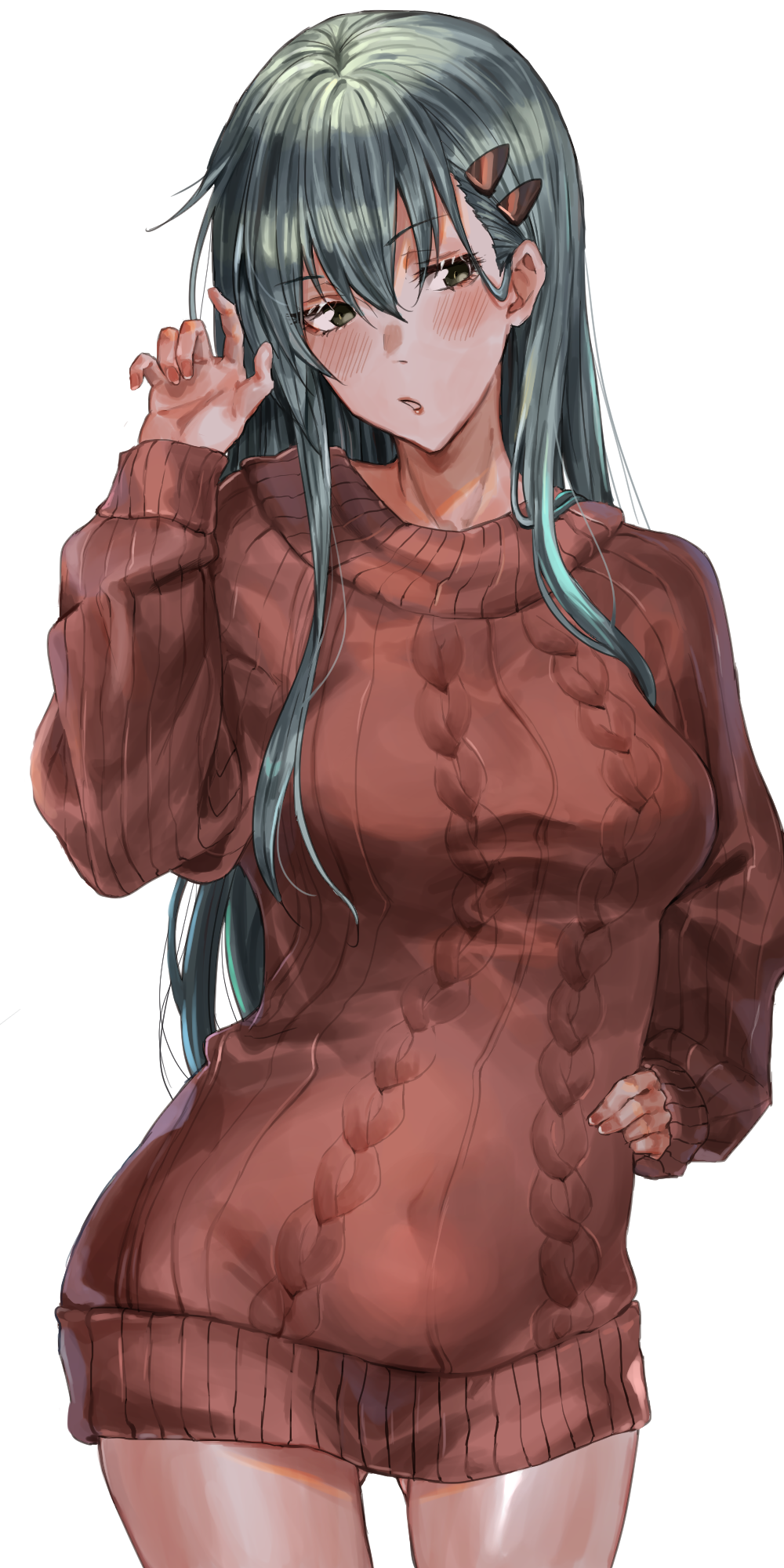 1girl alternate_costume amakaze aqua_hair blush breasts brown_eyes eyebrows_visible_through_hair hair_between_eyes hair_ornament hairclip highres kantai_collection large_breasts long_hair looking_at_viewer open_mouth ribbed_sweater simple_background solo suzuya_(kantai_collection) sweater white_background