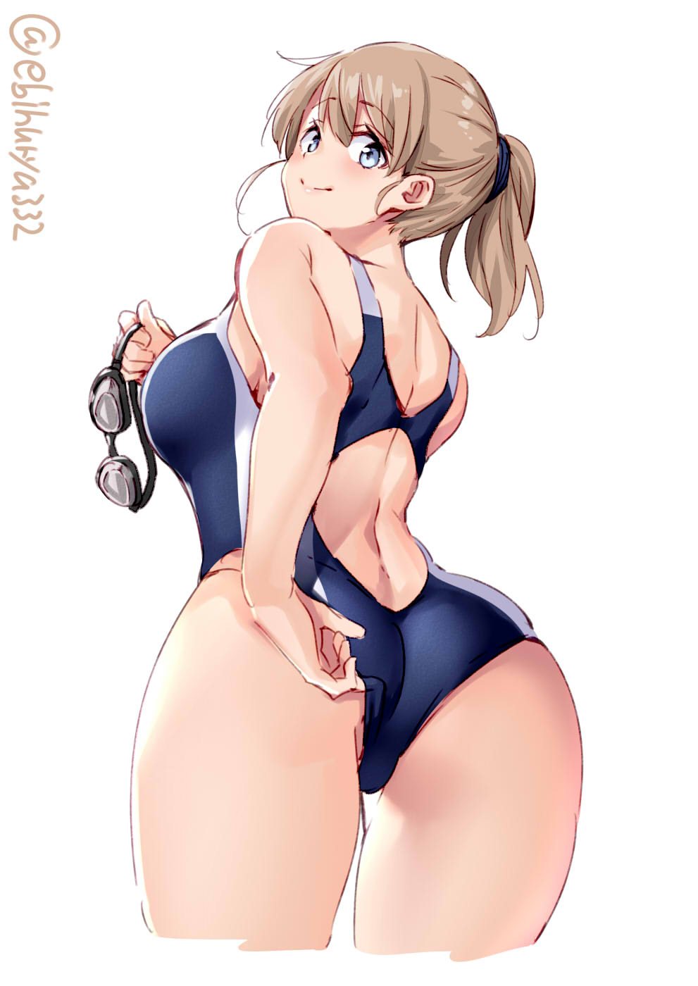 1girl adjusting_clothes adjusting_swimsuit ass blue_eyes blue_swimsuit blush breasts closed_mouth competition_swimsuit ebifurya from_behind googles highres holding holding_eyewear intrepid_(kantai_collection) kantai_collection large_breasts light_brown_hair looking_at_viewer looking_back medium_hair one-piece_swimsuit ponytail simple_background smile solo swimsuit twitter_username upper_body white_background