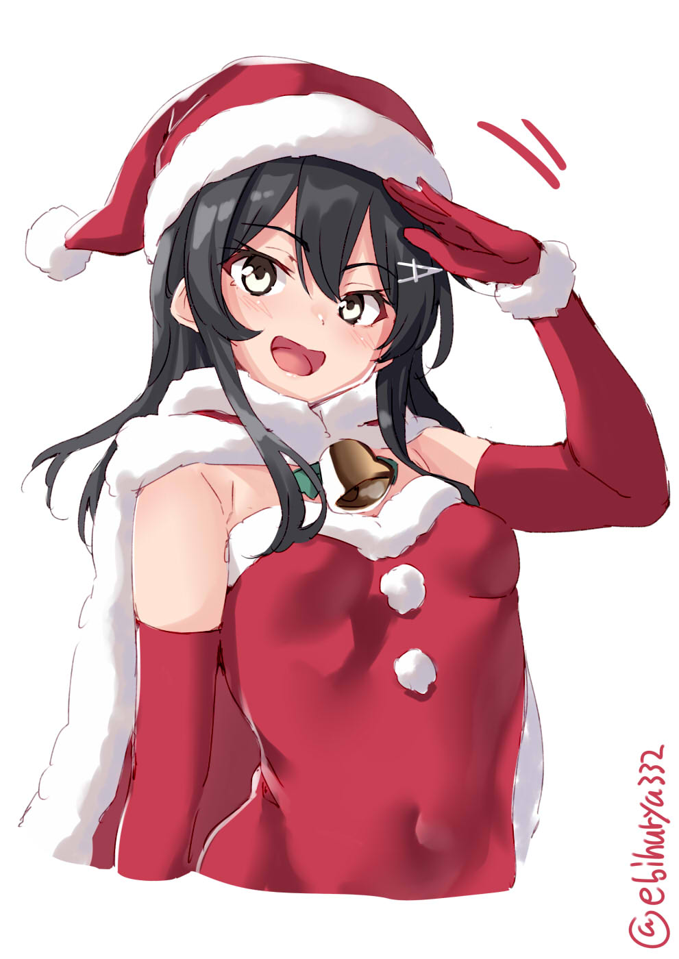 1girl alternate_costume black_hair blush breasts christmas covered_navel dress ebifurya elbow_gloves eyebrows_visible_through_hair fur-trimmed_dress fur_trim gloves grey_eyes hair_ornament hairclip hat highres kantai_collection long_hair looking_at_viewer open_mouth oyashio_(kantai_collection) red_dress red_gloves santa_costume santa_dress santa_hat simple_background small_breasts smile solo twitter_username white_background