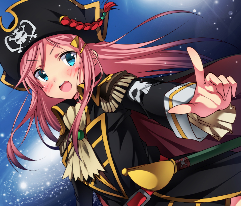 1girl :o black_headwear blue_eyes blush capelet cloak cravat epaulettes hair_ornament hairclip hat hat_feather index_finger_raised katou_marika long_hair miniskirt_pirates open_mouth pink_hair pirate pirate_hat sheath sheathed sk02 skull_and_crossbones solo space