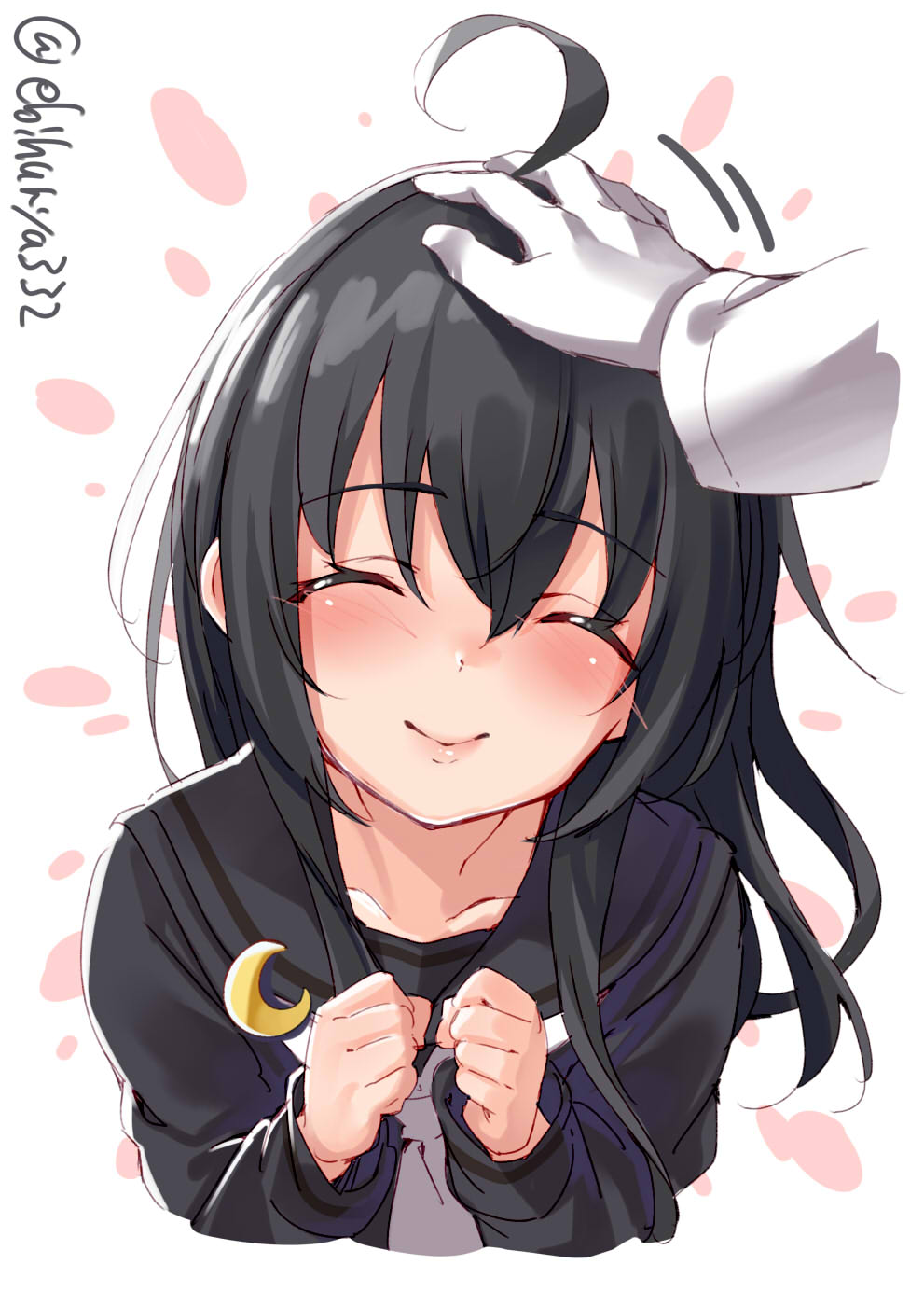 1girl ^_^ ahoge black_hair black_sailor_collar black_serafuku blush clenched_hands closed_eyes crescent crescent_moon_pin ebifurya hand_on_another's_head hand_on_head highres kantai_collection lips long_hair mikazuki_(kantai_collection) motion_lines out_of_frame petting pink_lips sailor_collar school_uniform serafuku smile solo_focus symbol_commentary upper_body white_neckwear