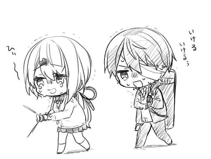 1boy 1girl bandage_over_one_eye bangs blazer bow breasts cardigan chibi crying crying_with_eyes_open eyebrows_visible_through_hair flashlight greyscale hair_between_eyes hair_ornament hair_ribbon hairclip holding holding_flashlight jacket kenmochi_touya kneehighs long_hair long_sleeves low_ponytail monochrome nijisanji open_blazer open_clothes open_jacket pants pleated_skirt ponytail ribbon school_uniform shadow shiina_yuika skirt sleeves_past_wrists small_breasts sweater tears translation_request trembling very_long_hair virtual_youtuber white_background yamabukiiro