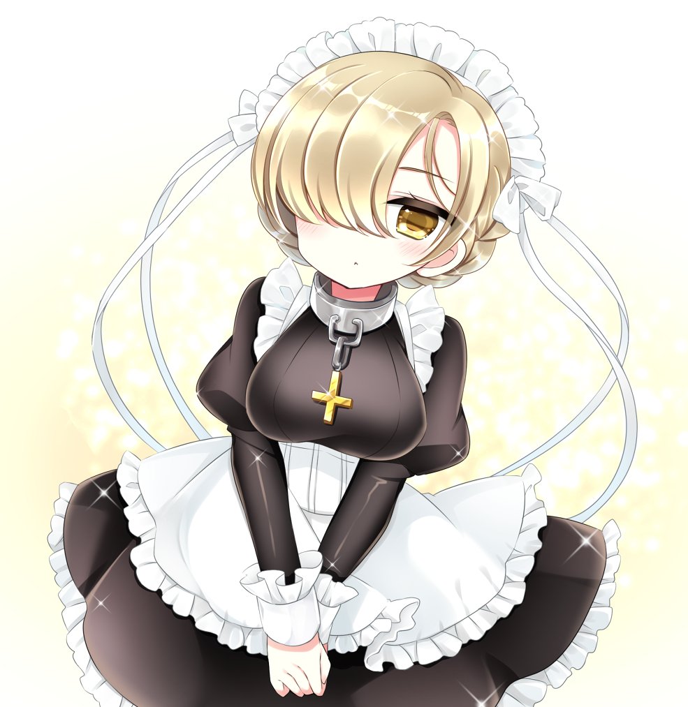 1girl apron azur_lane bangs black_dress blush breasts brown_eyes chain collar cross dress dutch_angle frilled_apron frilled_dress frills glint hair_over_one_eye hair_ribbon hands_together juliet_sleeves light_brown_hair long_sleeves maid maid_headdress medium_breasts own_hands_together puffy_sleeves ribbon sheffield_(azur_lane) shikito short_hair solo sparkle v_arms white_apron white_ribbon