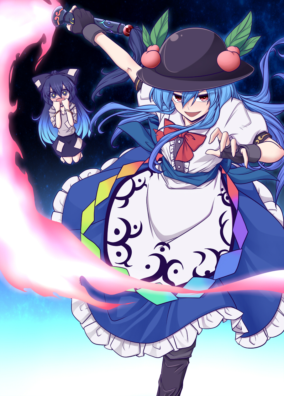 +_+ 2girls :d arm_up bangs benizuwai black_background black_footwear black_gloves black_headwear blouse blue_background blue_bow blue_eyes blue_hair blue_sash blue_skirt boots bow bowtie center_frills commentary_request feet_out_of_frame fingerless_gloves flaming_sword food fruit gloves gradient gradient_background grey_hoodie hair_between_eyes hair_bow hands_up hat highres hinanawi_tenshi holding holding_sword holding_weapon hood hoodie kneeling leaf long_hair looking_at_viewer multiple_girls open_mouth peach petticoat puffy_short_sleeves puffy_sleeves red_bow red_eyes red_neckwear sash short_sleeves skirt smile standing standing_on_one_leg sword sword_of_hisou touhou weapon white_blouse yorigami_shion